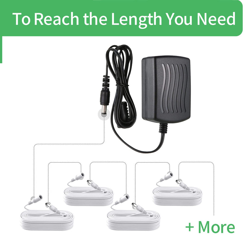 2-Pack 2 m DC Power Extension Cable, Connector 5.5 mm x 2.1 mm, Supports DC 5V 6V 9V 12V 24V, for Security Cameras, DVR, Router, Printer, LED Strip, White