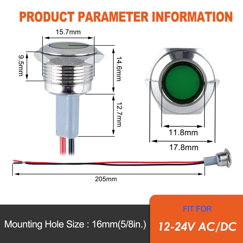 [Australia - AusPower] - 2PCS 16mm (5/8") LED Indicator Light, 12-24V AC/DC 20mA Energy Saving Metal Waterproof IP67 Single lamp LED Pilot Lamp Flat Head with 20cm/7.87in. Wire for Car Truck Boat(Green LED) Green 12-24V 16mm 