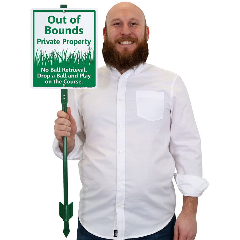SmartSign 12" x 10" 'Out Of Bounds Private Property No Ball Retrieval Drop Ball And Play On Course' Yard Sign with 3 ft Stake, 40 mil Laminated Aluminum, Green and White, Set of 1