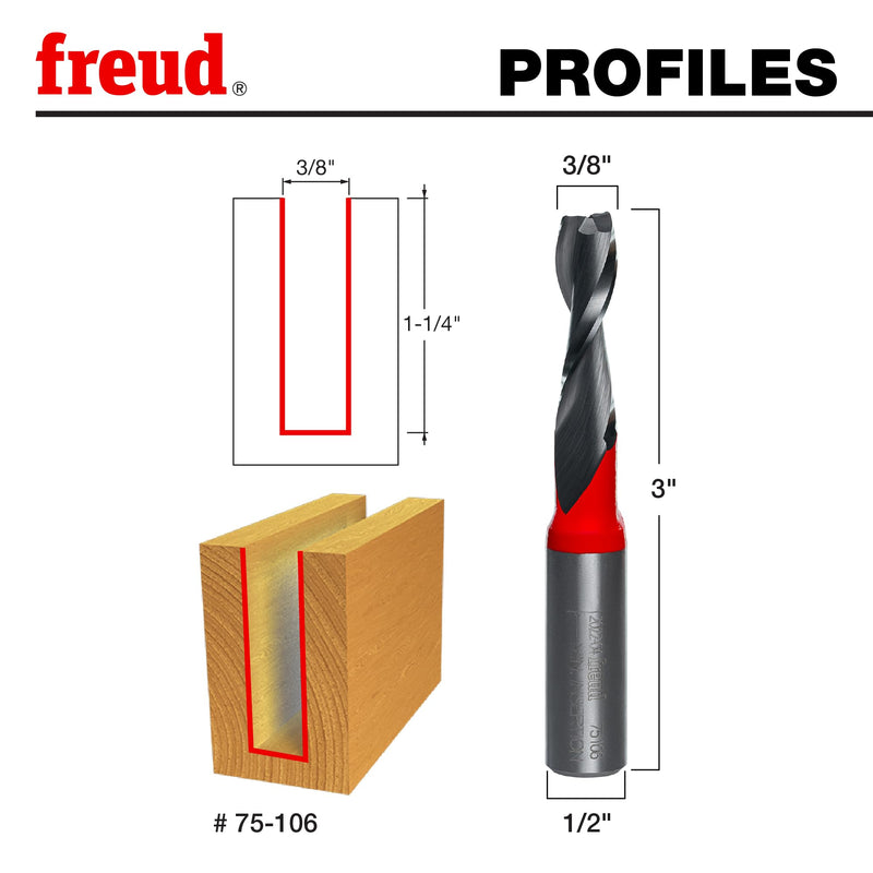 Freud Up Spiral Router Bit with Tico Hi-Density Carbide for Maximum Performance - Ideal for Cutting Parts & Grooves, 3/8" Diameter, 1/2" Shank, 1-1/4" Height, 24,000 RPM - 75-106