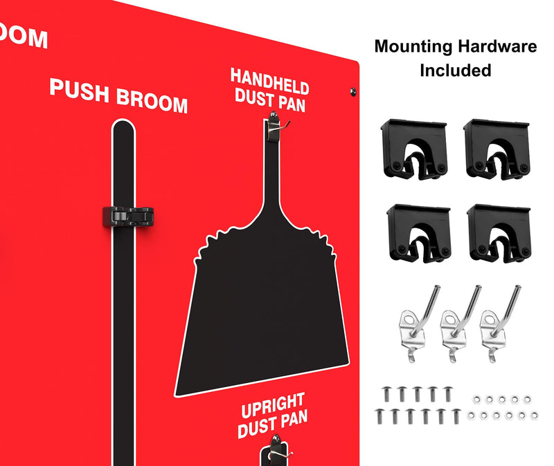 Clean & Sweep 5S Shadow Board/Wall Mount Broom Holder, 68" x 30" Board, 5S Cleaning Station - with Broom and Dustpan Set Included, Made in The USA by AccuformNMC, Red/Black, PSB616RDBK