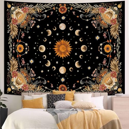 Yeoiat Tapestry Celestial Sunflower Tapestries Lunar Phase Wall Hanging Black and Gold Boho Fine Art Decor Bedroom Dormitory Decoration 90"x70" 90"L x 70"W Black Orange