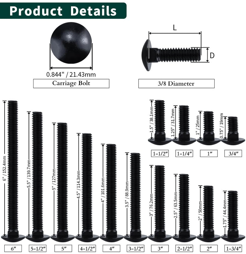 [Australia - AusPower] - 3/8-16 x 2 (10 Sets) Carriage Bolts Black, 304 (18/8) Stainless Steel Carriage Screws with Hex Nuts and Flat Washers, Square Neck Round Dome Head, Coarse Thread 3/8-16 x 2" 
