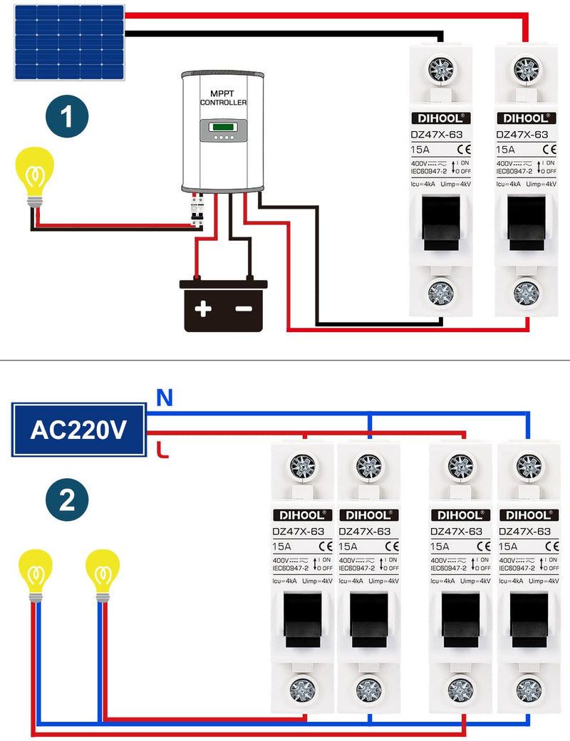 [Australia - AusPower] - DIHOOL AC/DC Miniature Circuit Breakers, 2 Pack, Single Pole 15 Amp, 12V 24V 48V 400V, Non Polarized, Solar Disconnect Switch, DIN Rail Mount, RV Battery Isolator, PV Array MCB, Thermal Magnetic Trip 15a 