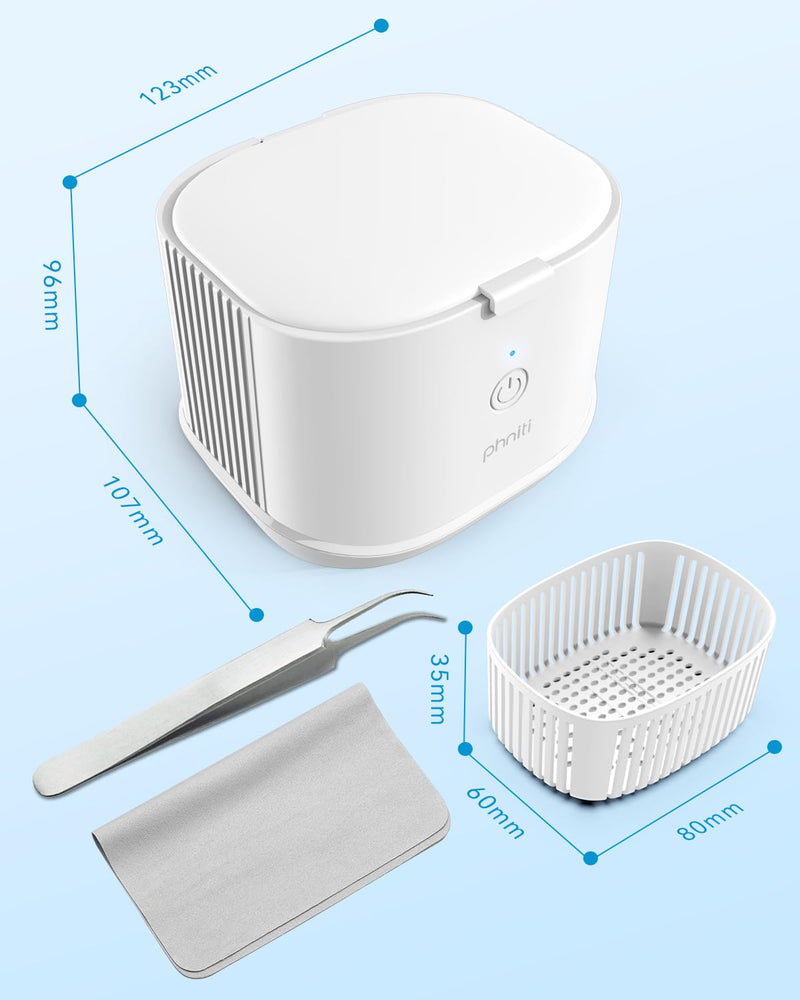 [Australia - AusPower] - Ultrasonic Jewelry Cleaner, Phniti 46kHz Professional Portable Ultrasonic Retainer Cleaner Machine with Timer for Dental Retainer, Mouth Guard, Watch, Ring, Diamond - Household Use, White 1 PACK 