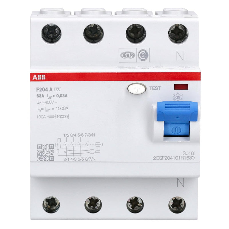 ABB Earth Leakage Circuit Breaker 63 A/0.03 °F204 A 63 | RCCB für Personen-, Sach- & Brandschutz Montage auf DIN-Schiene ideal für Haus Gewerbe & Industrieanlagen 2CSF204101R1630 1 count F204 A-63/0.03