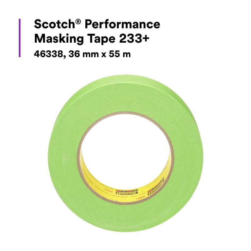 3M Scotch Performance Masking Tape 233+, 46338, 36 mm x 55 mm, 1 Roll, Flexible, Moisture Resistant, Green, Solvent Based, Automotive Masking Tape 36 mm x 55 m (Pack of 1) Scotch 233+ Performance Masking Tape retail packaging