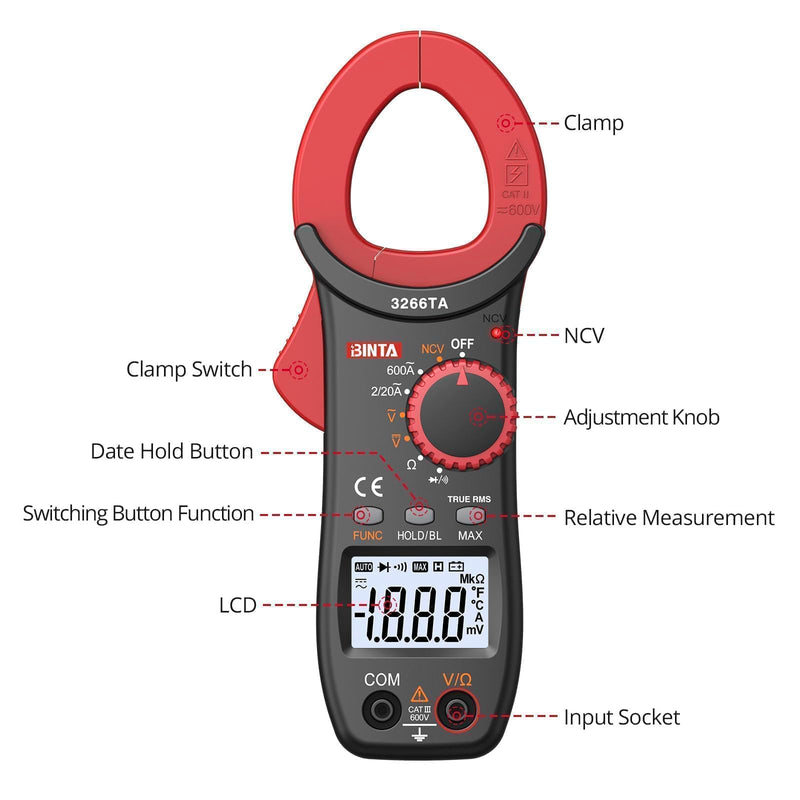 [Australia - AusPower] - BINTA Digital Clamp Meter, 2000 Counts Multimeter with NCV Amp Auto-ranging Handheld Voltage Tester Tools Ohm Volt Measures AC Current AC/DC Voltage,Temperature Capacitance Resistance Diodes Red 2000count 