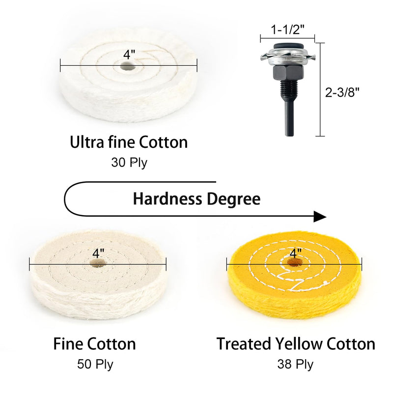[Australia - AusPower] - SCOTTCHEN 4" Buffing Polishing Wheel with 1/4" Handle for Drill, 1/2" Arbor Hole,Fine Cotton (50Ply),Ultra Fine Cotton(30 Ply)?Treated Yellow Cotton (38 Ply) -3pcs 3pcs 