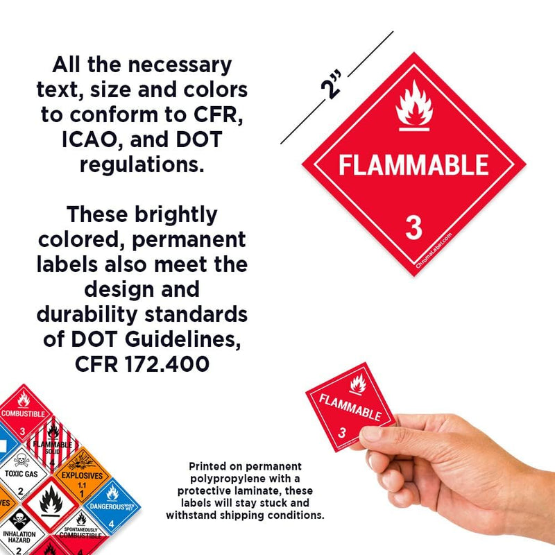 ChromaLabel 2 by 2 Permanent Durable Square D.O.T. Hazard Labels, Hazard Class 3 Flammable Label, 100/Roll 2" x 2"
