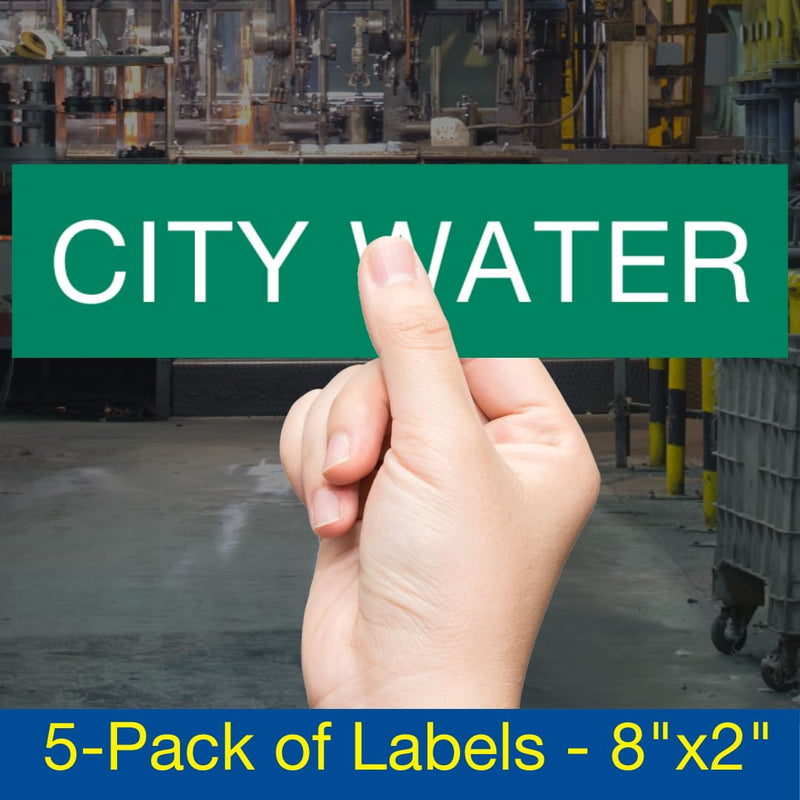 ComplianceSigns.com City Water (White Legend On Green Background) Pipe Label Decal, 8x2 in. 5-Pack Vinyl for Pipe Markers 8" x 2" - 5 Pack