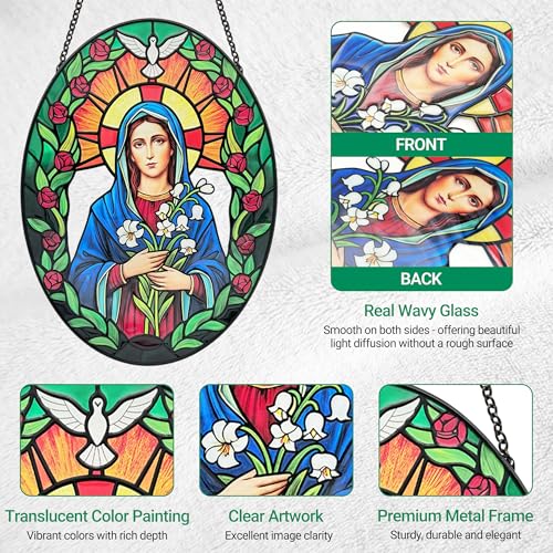 Stained Glass Window Hanging, Virgin Mary Sun Catchers Indoor Window Decor, 8.8 Inch Oval Suncatcher, Christmas Decorations, Christian Gifts for Women, Catholic Gifts for Women