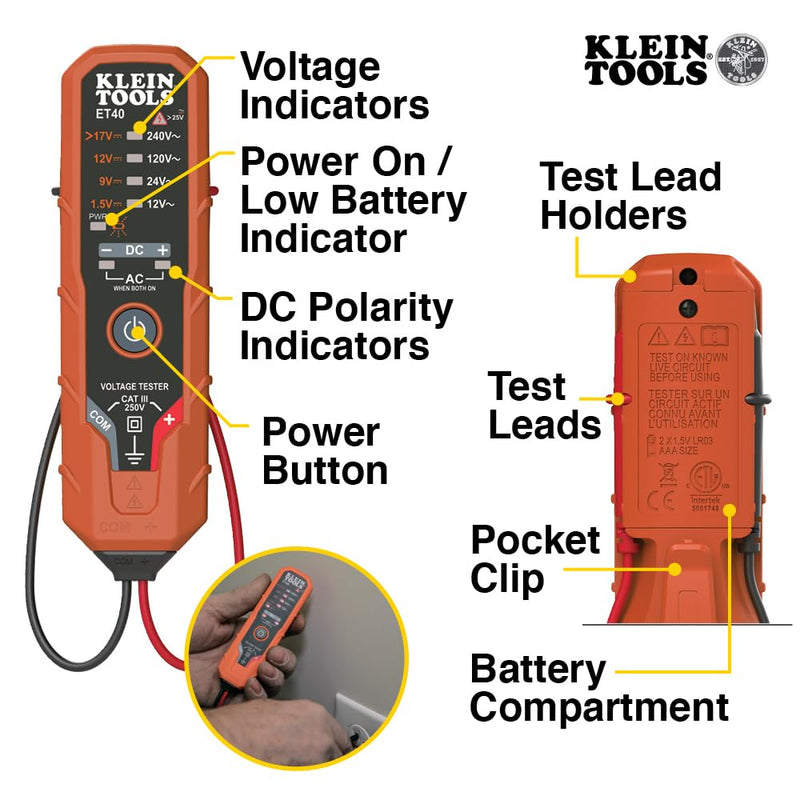 Klein Tools ET40VP Voltage Test Kit, GFCI Receptacle Tester, AC/DC Voltage Tester, Detects Common Electrical Wiring Problems Digital Tester Kit