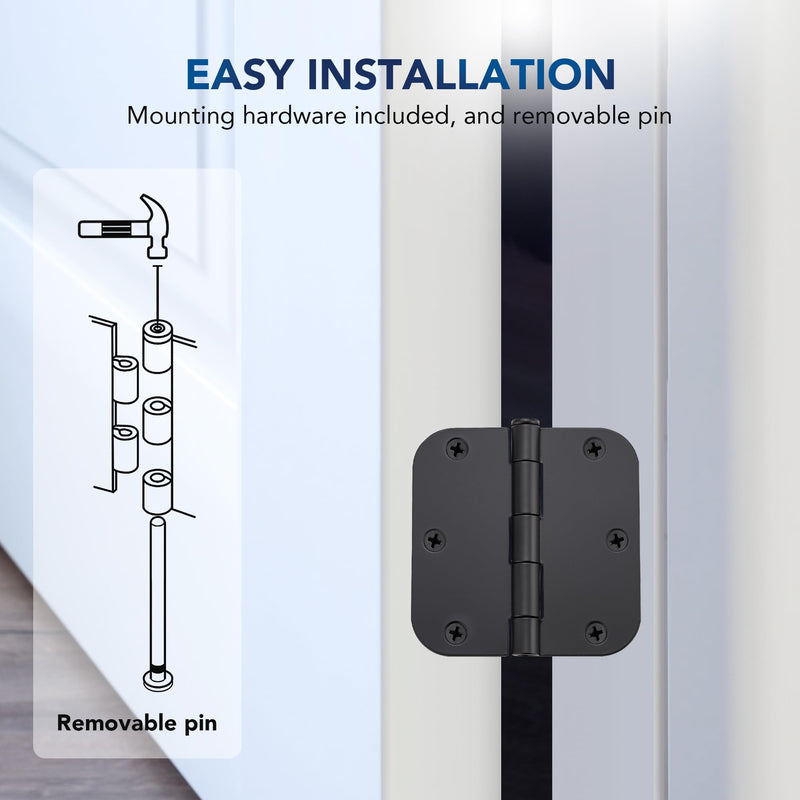 [Australia - AusPower] - 3 Pack Rounded Matte Black Door Hinges 3-1/2" x 3-1/2" Stainless Steel Hinges Flat Iron Bifold Residential Standard 3.5 x 3.5 Inch Door Hardware with 5/8" Radius Corners 