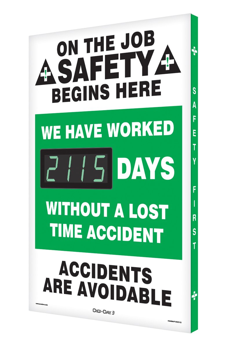 Accuform SCK115 Aluminum Digi-Day Electronic Scoreboard, "ON THE JOB SAFETY BEGINS HERE - WE HAVE WORKED #### DAYS WITHOUT A LOST TIME ACCIDENT - ACCIDENTS ARE AVOIDABLE"