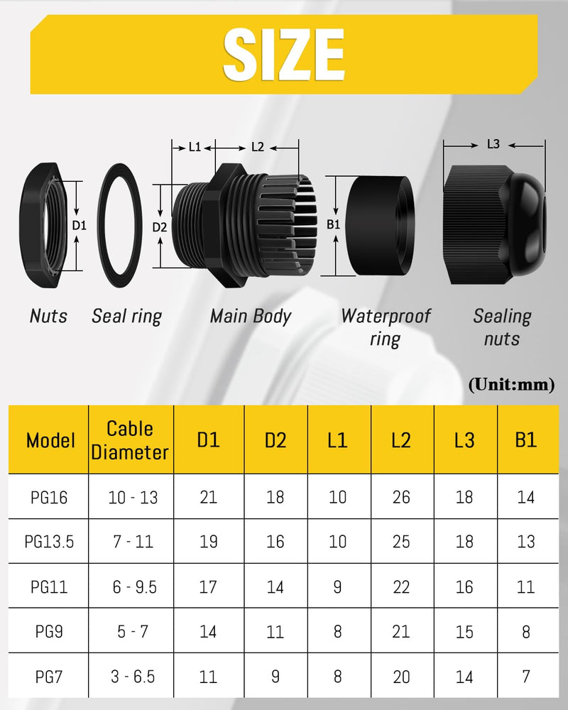 Caianwin 50 pieces cable gland set, black, PG cable grommet, waterproof | IP68, PG7/PG9/PG11/PG13.5/PG16, screw connection set, strain relief for cables, junction box, distribution box PG Set