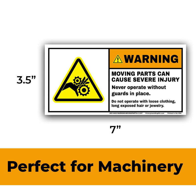 ANSI Z535 WARNING Moving Parts Labels – 3.5” x 7” Industrial Safety Decals (Pack of 10) | Entanglement & Pinch Point Hazard | Heavy-Duty Adhesive | Premium All-Weather Design