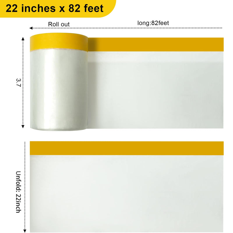 Pre-Taped Masking Film Film and Masking Tape in one Plastic Tape and Drape Roll Painters Plastic (3 Pack, Each roll 22" Wide x 82 feet Long) with one Dispenser 3