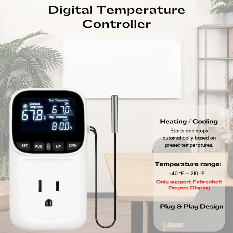 [Australia - AusPower] - Backlit Digital Temperature Controller Thermostat Socket Plug with Timer Heating and Cooling Mode 110V 15A Fahrenheit 