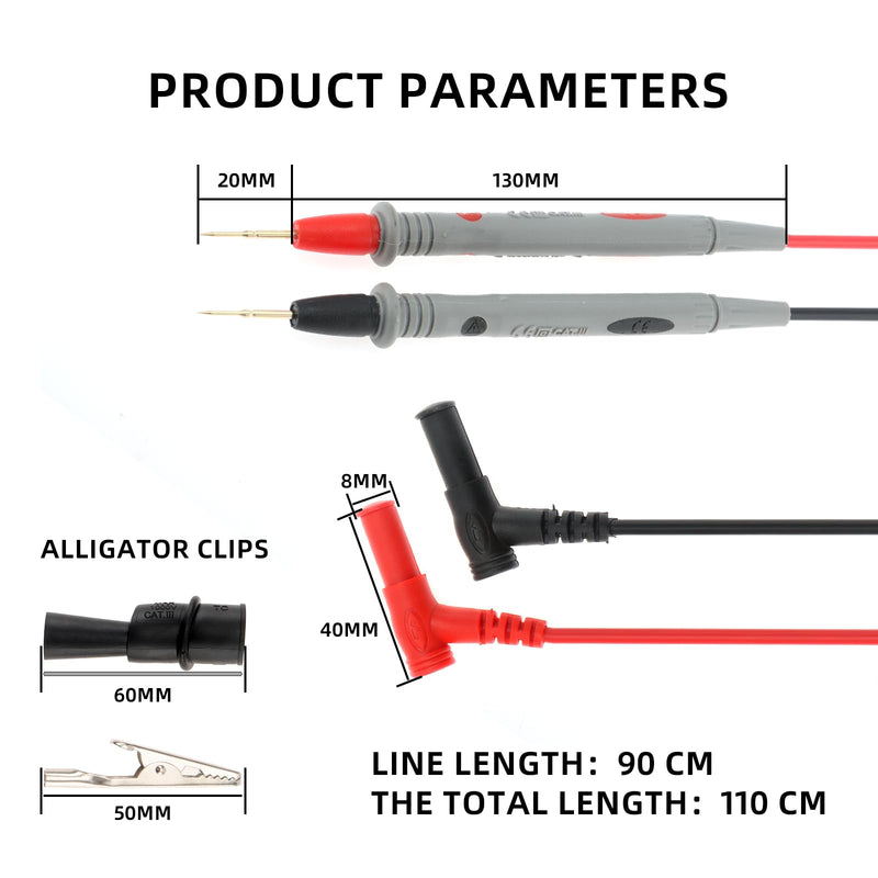 [Australia - AusPower] - DIANN Multimeter Test Leads Kit Banana Plug with Push On Alligator Clips Precision Sharp Probes 1000V 20A Digital Electrical Test Probes 