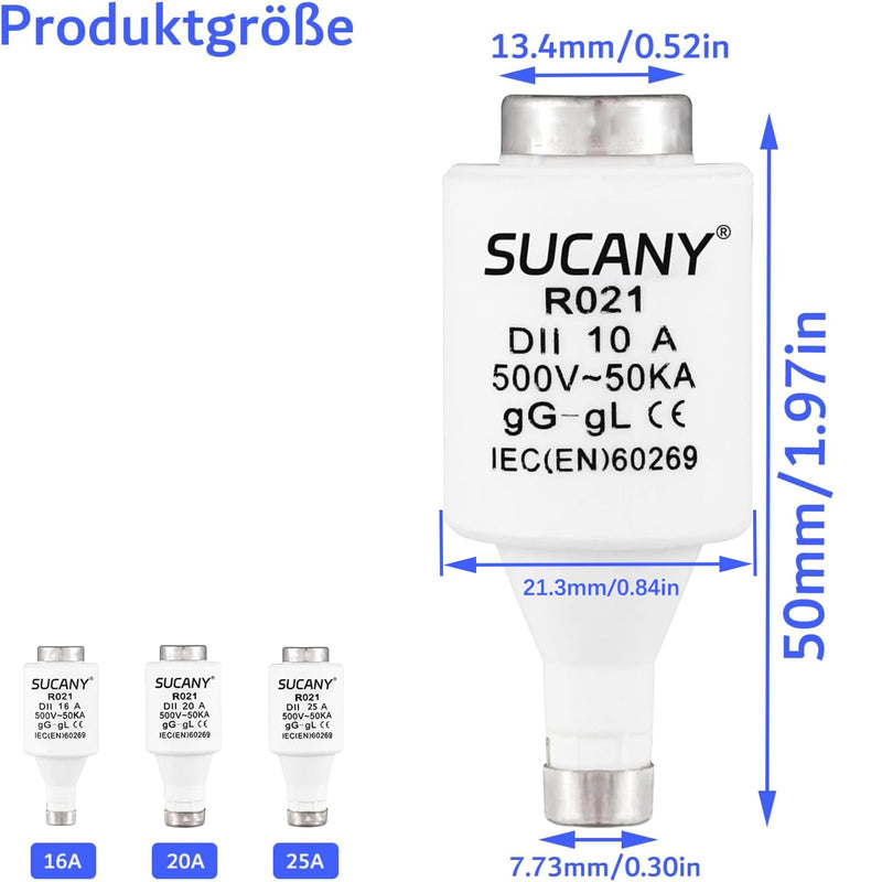 R021 DII E27 Ceramic Fuse Inserts, 10A, 500V, 50kA, gG (Pack of 10) | Diazed Fuse Inserts, 10 Amp Spiral Fuse, for Electrical Appliances in the Home and Industry