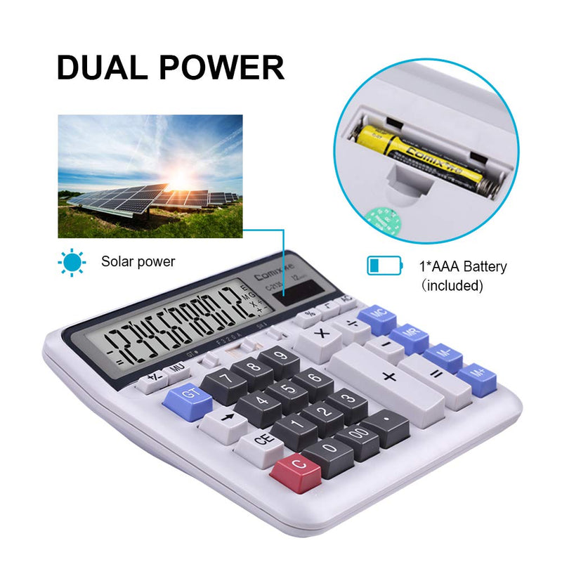 [Australia - AusPower] - Comix Desktop Calculator Solar Battery Dual Power with 12-Digit Large LCD Display and Large Computer Keys Standard Function Calculator for Home Office School, White 