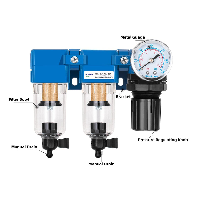 [Australia - AusPower] - NANPU 1/4" NPT Air Drying System - Double Air Filters, Air Pressure Regulator Combo - Manual Drain, Poly Bowl - DFR-02M 