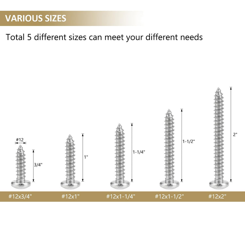 [Australia - AusPower] - 52 Pieces #12 x 3/4" 1" 1-1/4" 1-1/2" 2" Phillips Pan Head Self-Tapping Screws, Wood Screws Assortment Kit, 304 Stainless Steel 