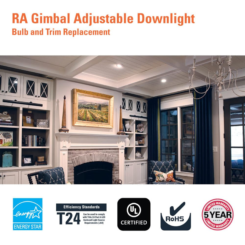 [Australia - AusPower] - HALO RA 5/6 inch Integrated LED Recessed Adjustable Gimbal Light Trim, 600 Lumens/1000 Lumens, 5 Selectable CCT(2700K, 3000K, 3500K, 4000K, 5000K) with Dim to Warm, 120-Volt, White 5 CCT with Dim to Warm 