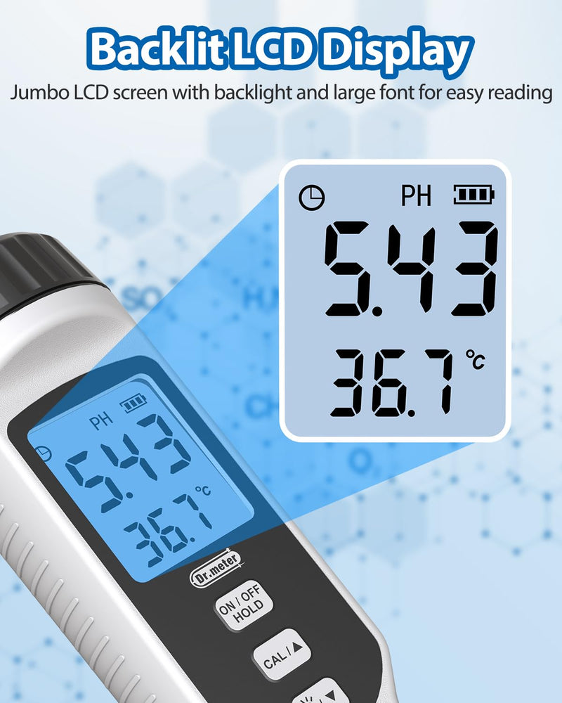 PH Meter, Dr.meter PH Meter Water 0.01 High Precision PH Value Meter with Alarm LCD Display and Automatic Temperature Compensation for Water, Aquarium, Pond, Pool with Calibration Powder 1