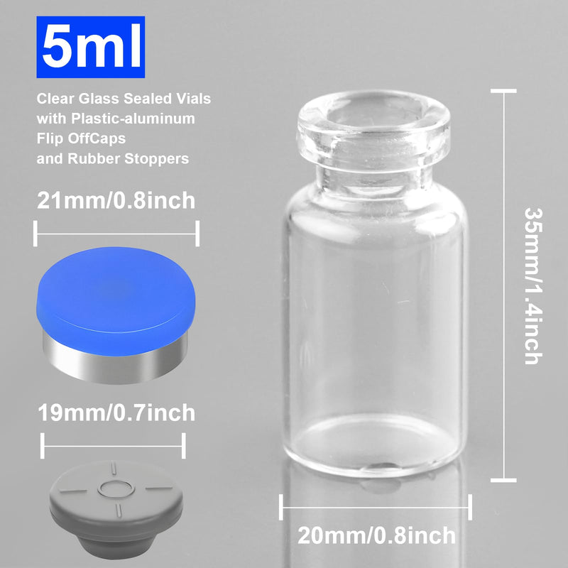 5ml Sealed Vials with Self Healing Injection Port and Plastic-Aluminum Flip Caps,Glass Empty Vials for Injection 50 Pack 5ml
