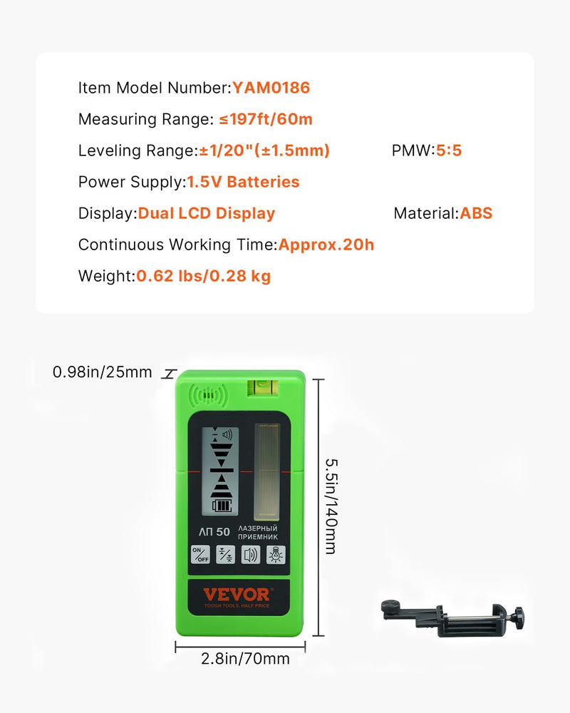 [Australia - AusPower] - VEVOR Laser Receiver, 197 ft Working Range, Green Laser and Red Beam Detector for Pulsing Line Lasers, Customizable Speaker & Dual LCD Display & Built-In Bubble Level with Clamp for Laser Level 