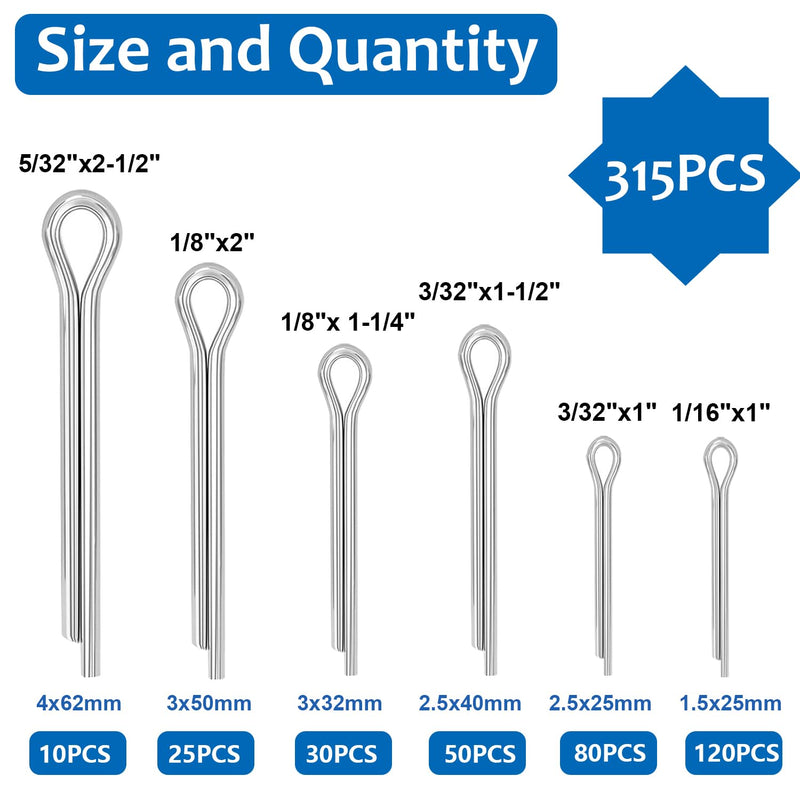 [Australia - AusPower] - 315Pcs Cotter Pins Assortment kit Zinc plated Cotter Pins Steel Split Pin Fastener Clips for Automotive, Axles, Trailer hitch, Tractors Hardware pins 