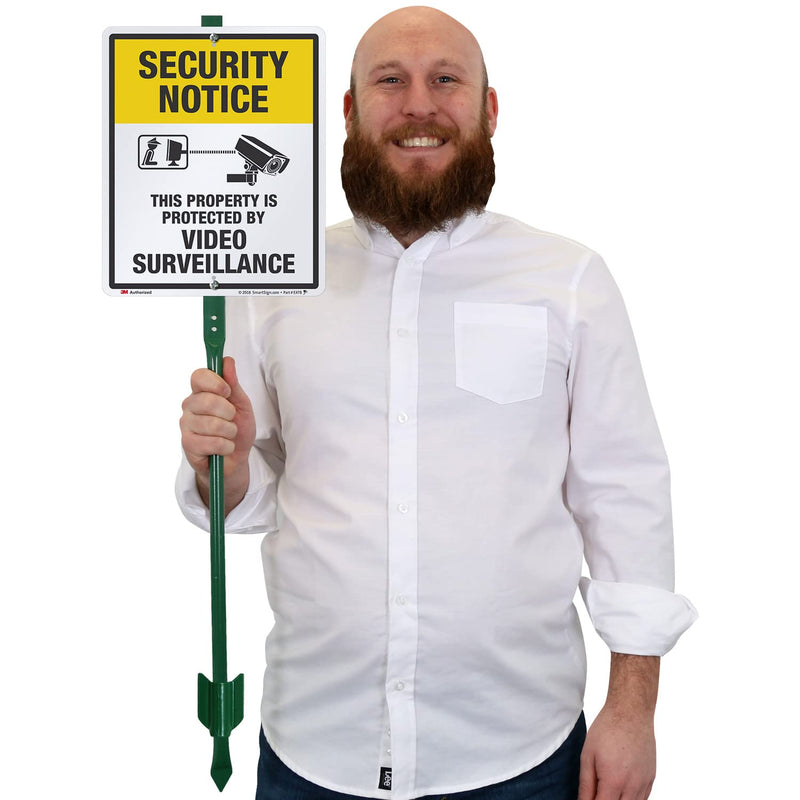 SmartSign 12" x 10" 'Security Notice Property Protected By Video Surveillance' Yard Sign with 3 ft Stake, 40 mil Aluminum 3M Laminated Engineer Grade Reflective, Yellow/Black/White Aluminum Sign with 3' Stake