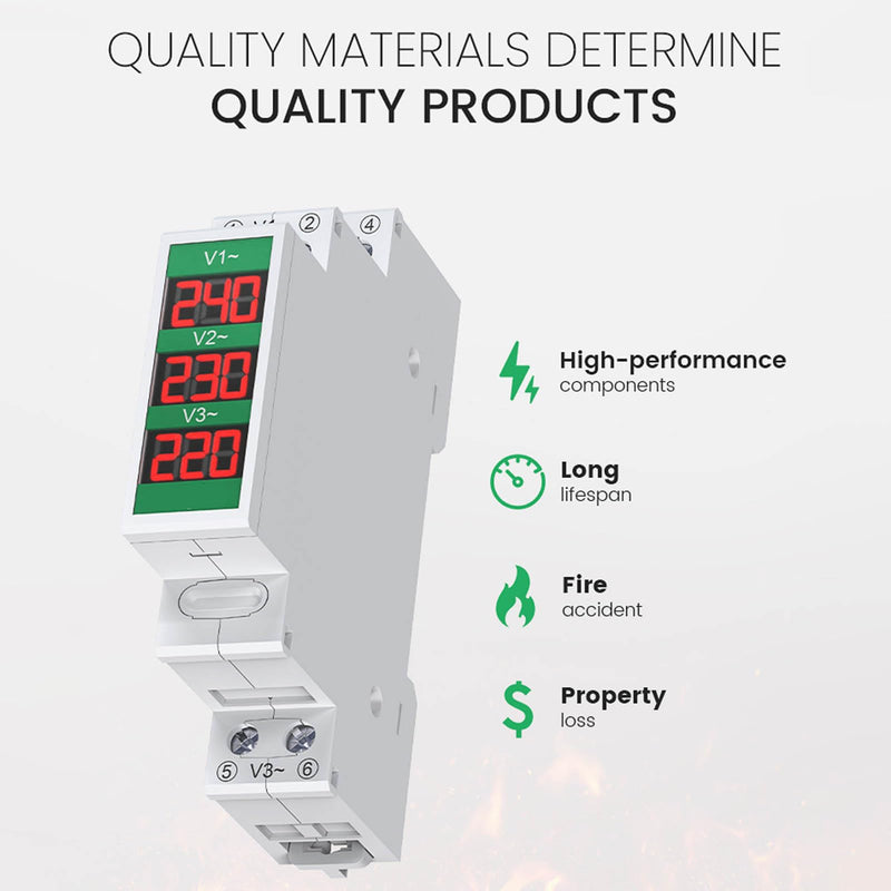[Australia - AusPower] - 3 Phase AC Voltmeter, Large LCD Screen Din Rail Mount LCD Digital Display Voltage Meter, Electric Power Meter with Switch Output Function 