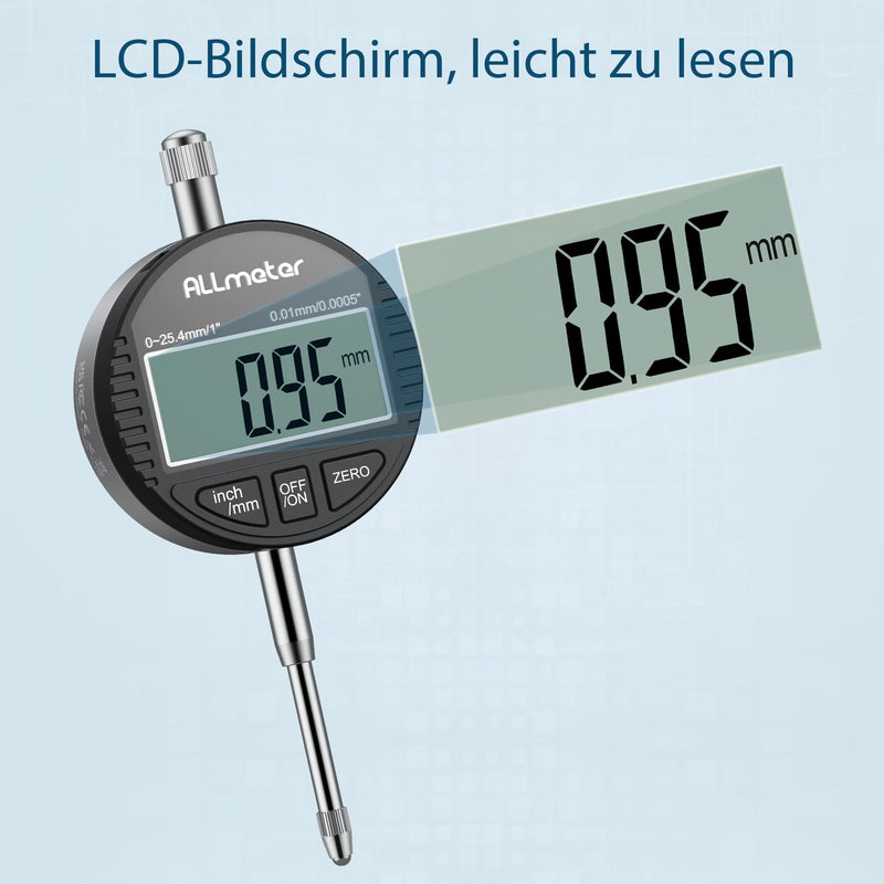 Digital Dial Indicator 0.01 mm / 0.0005 inch, Precise Dial Gauge Digital with LCD Display, Measuring Range 0-25.4 mm (1 inch), Switchable Between mm/Inch, Ideal for Mechanical Engineering, 3D Printer Dial Indicator, Black 25,4mm / 0,01mm