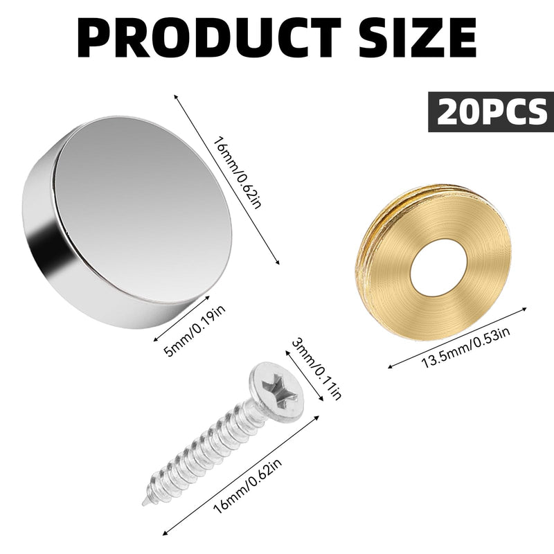 [Australia - AusPower] - Mirror Screws, 20 PCS Stainless Steel Screw Cover Cap, 0.63"/16mm Diameter Decorative Caps Cover Nails Mirror Screws Fasteners for Bathroom Mirror Panels Kitchen Ceiling Arts Craft Sign Ad Nail Silver 