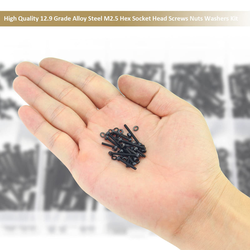 [Australia - AusPower] - 562 Pieces Black M2.5 x 4/6 /8/10 /12/16 /20mm Hex Socket Head Cap Screws Nuts Washers Assortment Kit, 12.9 Grade Alloy Steel 