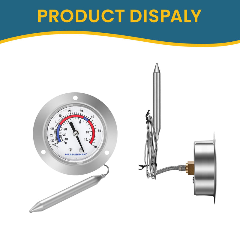 MEASUREMAN Vapor Capillary Flanged Panel Mount Refrigeration Thermometer, 2.5" Dial, 48" Capillary, -40-60 deg F/-40-15 deg C, Re-Calibration Available -40-60 deg F/-40-15 deg C (2.5" Dial)