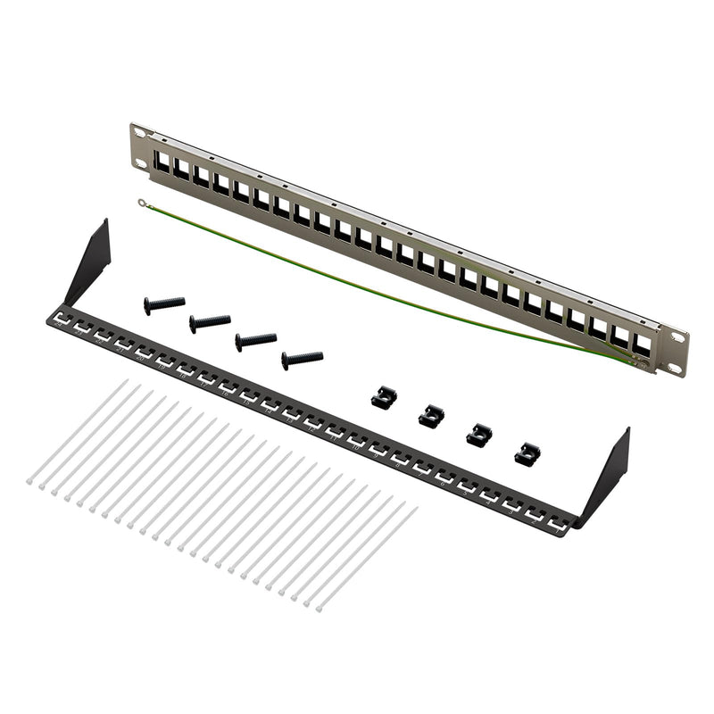 FGB 1U Patch Panel 24 Port for Keystone Modules, 19 Inch | Rack installation or wall mounting, patch panel with back strip, compatible Cat5 Cat6 Cat7 Cat8, network installation cable