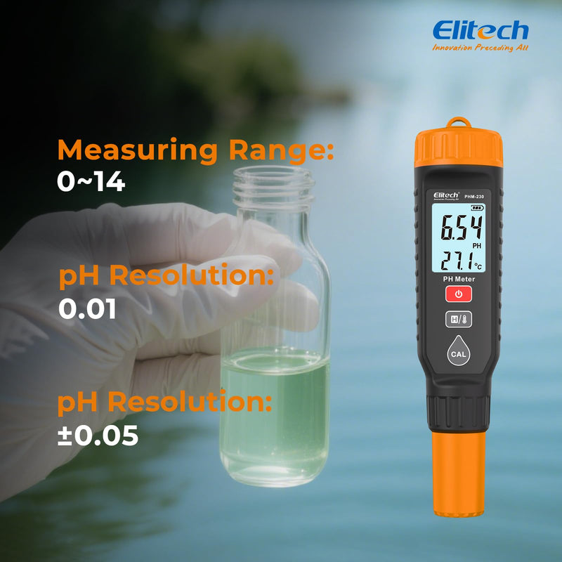 [Australia - AusPower] - Elitech Professional pH Pen Meter - Digital Tester for pH & Temperature in Hydroponics, Growing Solutions with Full Calibration Kit for Plant Health, PHM-230 