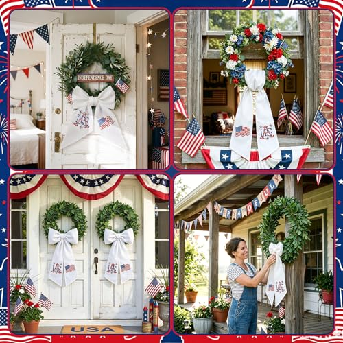Moukeren 2 Pcs 4th of July Wreath Sash for Front Door Patriotic Embroidered Monogram Wreath Sash Red Blue White Flag Garland Belt Decor for Independence Day Memorial Day Yard Porch Red White Blue