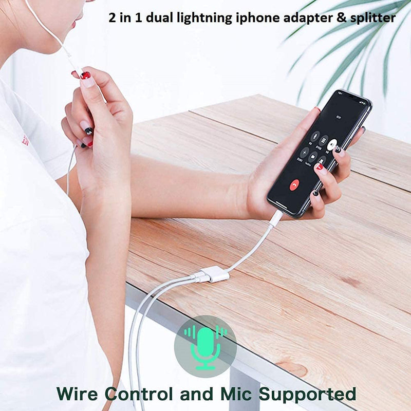 [Australia - AusPower] - [Apple MFi Certified] 2PACK iPhone Lightning to 2 Lightning Adapter, Dual Lightning AUX + Charger Adapter Dongle Cable Splitter Compatible with iPhone 12/11/SE/X/XR/XS/8/7/6 Support Call + Charging White 