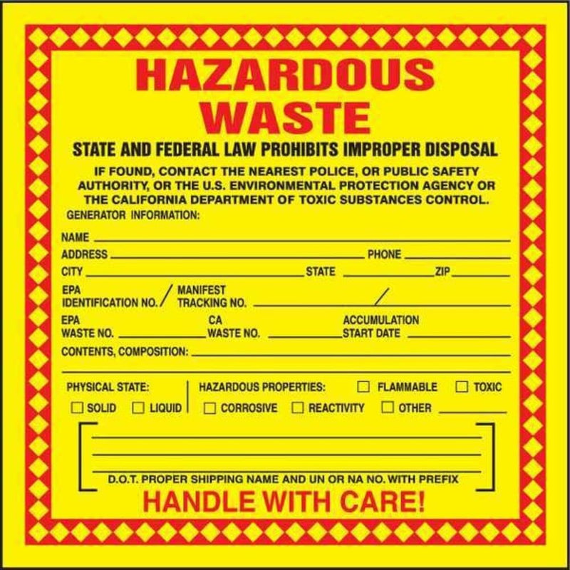 Accuform MHZWCAEVC Adhesive-Poly Vinyl (California) Hazardous Waste Label, Legend "HAZARDOUS WASTE - STATE AND FEDERAL LAW PROHIBITS IMPROPER DISPOSAL...HANDLE WITH CARE!", 6" Length x 6" Width x 2.6 Pack of 100
