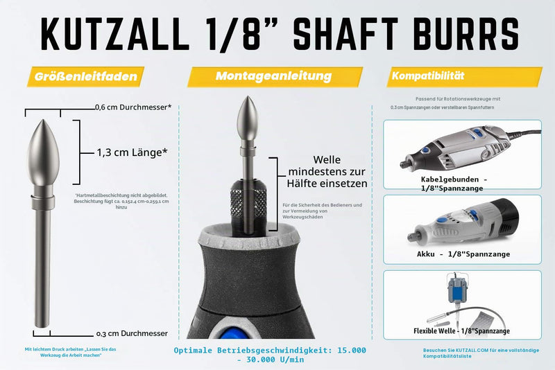 Kutzall Extreme Flame Burr, 1/8" (3.1mm) - Very Coarse, Tungsten Carbide Coating: 1/4" (6.3mm) Head Diameter x 1/2" (12.7mm) Head Length - FLX-14-EC-UK Extremely coarse Kopfdurchmesser: 6,3mm Kopflänge: 12,7mm