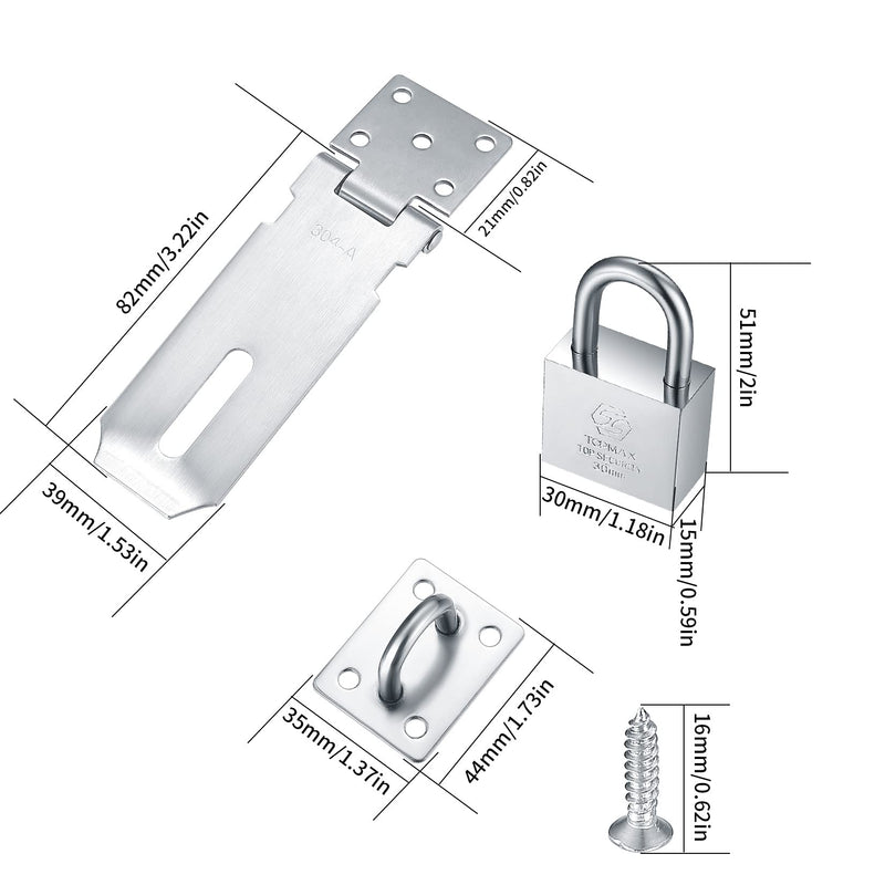 2 Pcs Padlock Hasp Latch Locks, Stainless Steel Gate Door Locks Hasp Latches, Safety Packlock Clasp Hasp Locks, Hasp Lock Catch Latch Safety Lock with Keys for Cabinets Closets Doors (Silver) Silver