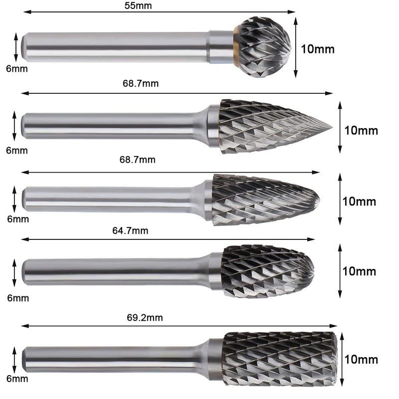 [Australia - AusPower] - ASNOMY Tungsten Carbide Cutter - 5 Piece Rasp Set 10 mm Carbide Rotary Milling Set Burr for Cutting Grinder, Metal Carving, Polishing, Engraving, Drilling with 6 mm Shank Milling Bit Set 5 x 1/4" Shank Carbide Rotary Burr 
