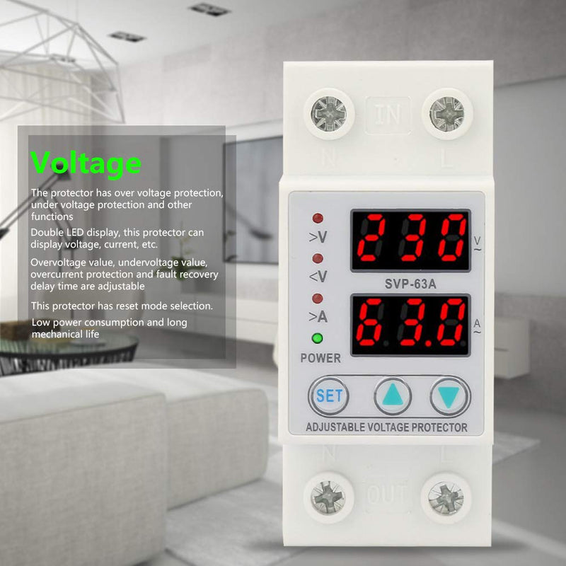 [Australia - AusPower] - Voltage Protective Device, Adjustable Single Phase Voltage Current Protector Double LED Display for - AC 230V 63A Automatic Reset Switch 