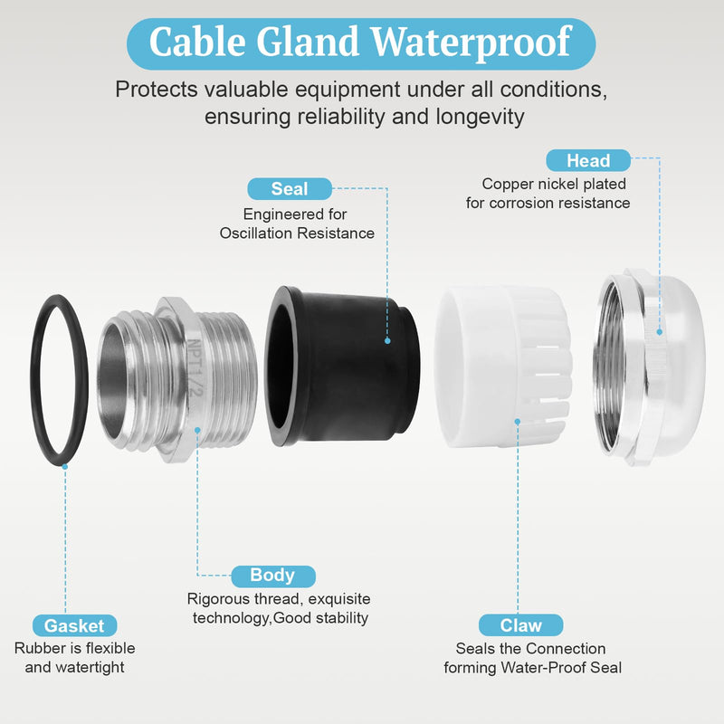 [Australia - AusPower] - 4 Pcs NPT 1/2" Nickel-Plated Copper Waterproof Cable Gland, IP68 Waterproof Cable Gland Adjustable 6-12mm Cable Connectors 1/2" NPT 
