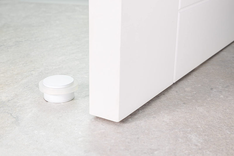 EVI Herrajes | White Door Stop | Modern Design | H:0.82“ - W:1.37” | Adhesive or Screw Installation Included | Natural Silicone Protection | Floor Door Stop Lacquered White - White Rubber